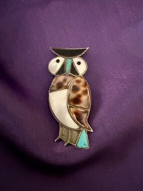 Vintage Zuni Native American Owl Brooch/pin with Turquoise and Mother-of-Pearl